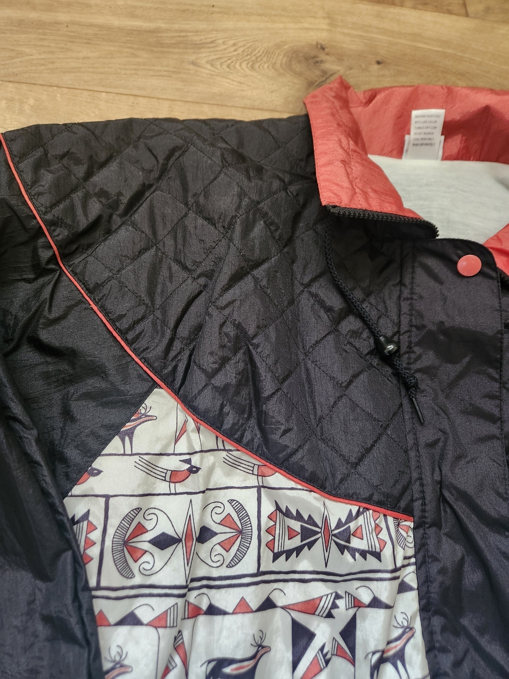 Vintage 80s Windbreaker Prospirit Black Red Pattern Western Quilt Zip Jacket 1X - Picture 4 of 10